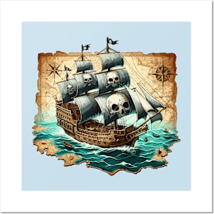 Pirate Ship, Sailing On A Treasure Map Posters and Art